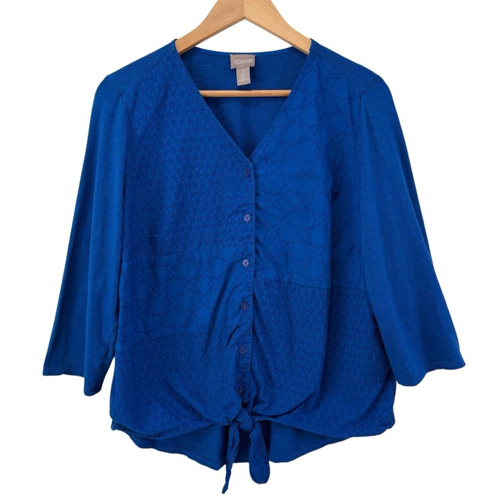 Chicos Tie Front Embroidered Button Up Top‎ Sz2 L Royal Blue Cotton Modal V Neck